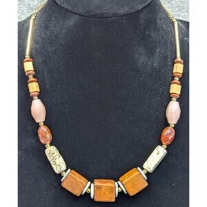 Chunky Necklace, Wood/Stone/Gold-tone Metal Beads, Lobster Clasp, 15"